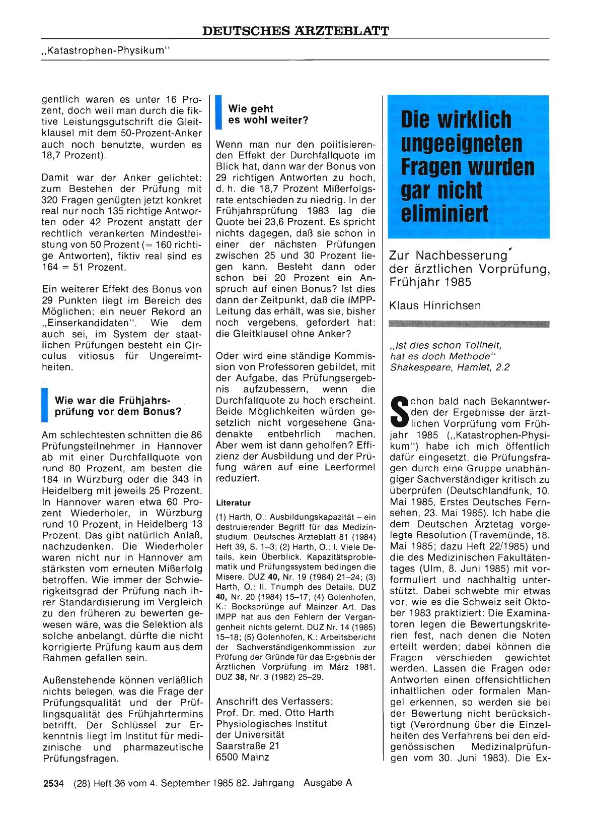 Vorschauseite 1: Zur Nachbesserung der ärztlichen Vorprüfung, Frühjahr 1985: Die wirklich ungeeigneten Fragen wurden gar nicht eliminiert