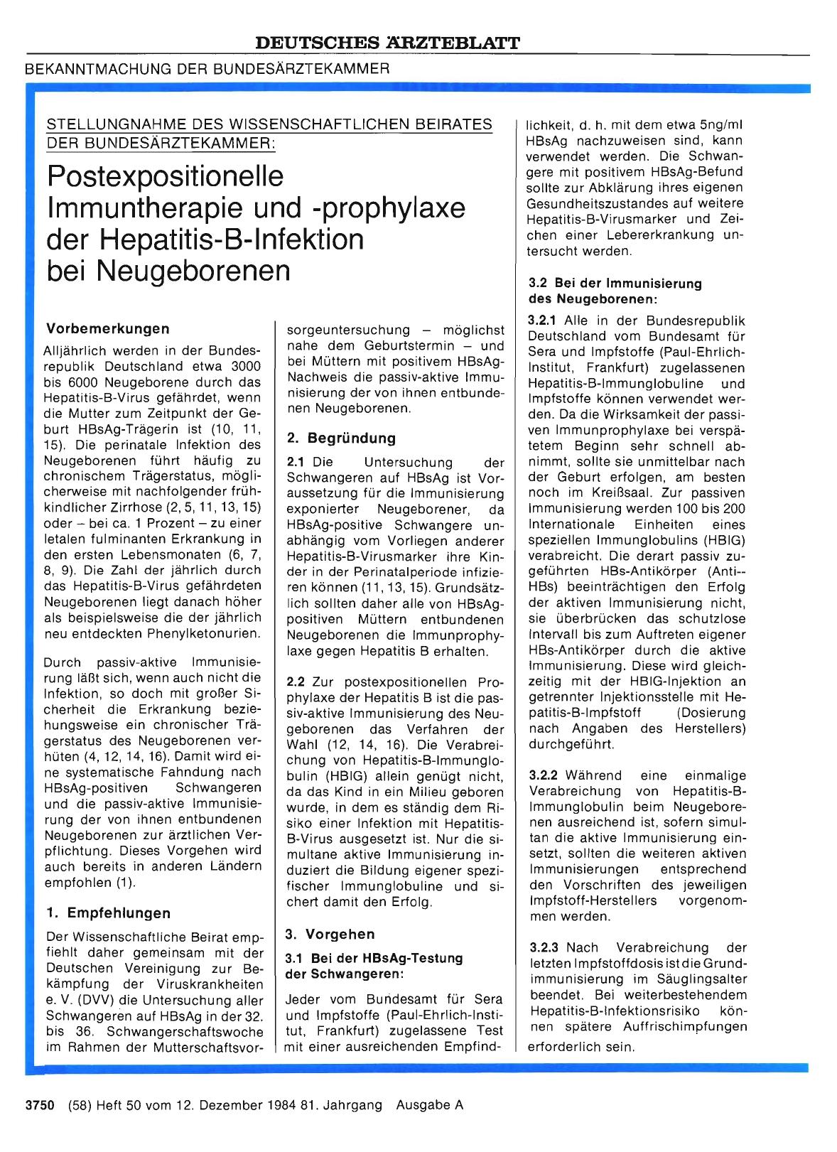 Vorschauseite 1: STELLUNGNAHME DES WISSENSCHAFTLICHEN BEIRATES DER BUNDESÄRZTEKAMMER: Postexpositionelle Immuntherapie und -prophylaxe der Hepatitis-B-Infektion bei Neugeborenen