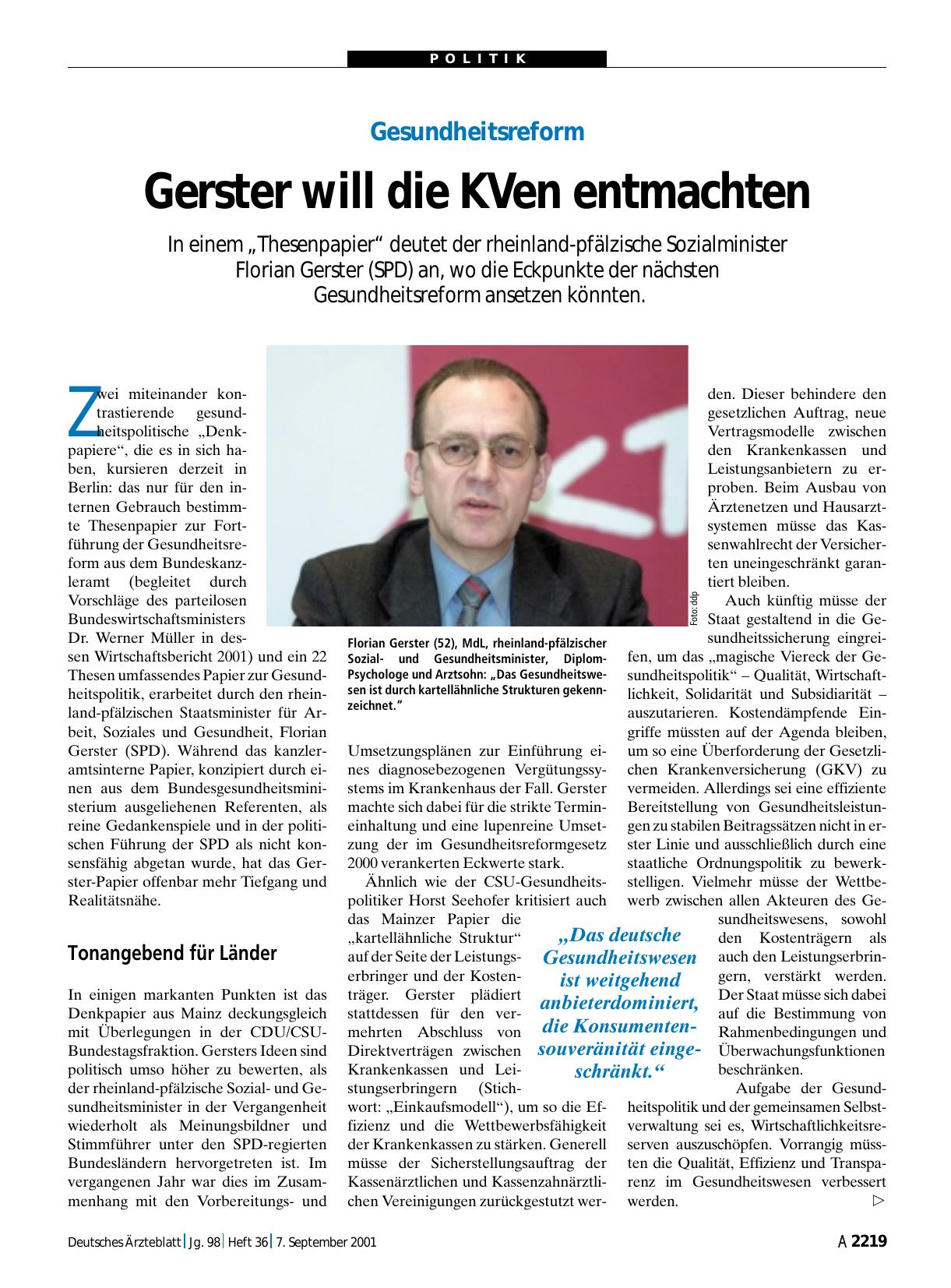 Vorschauseite 1: Gesundheitsreform: Gerster will die KVen entmachten