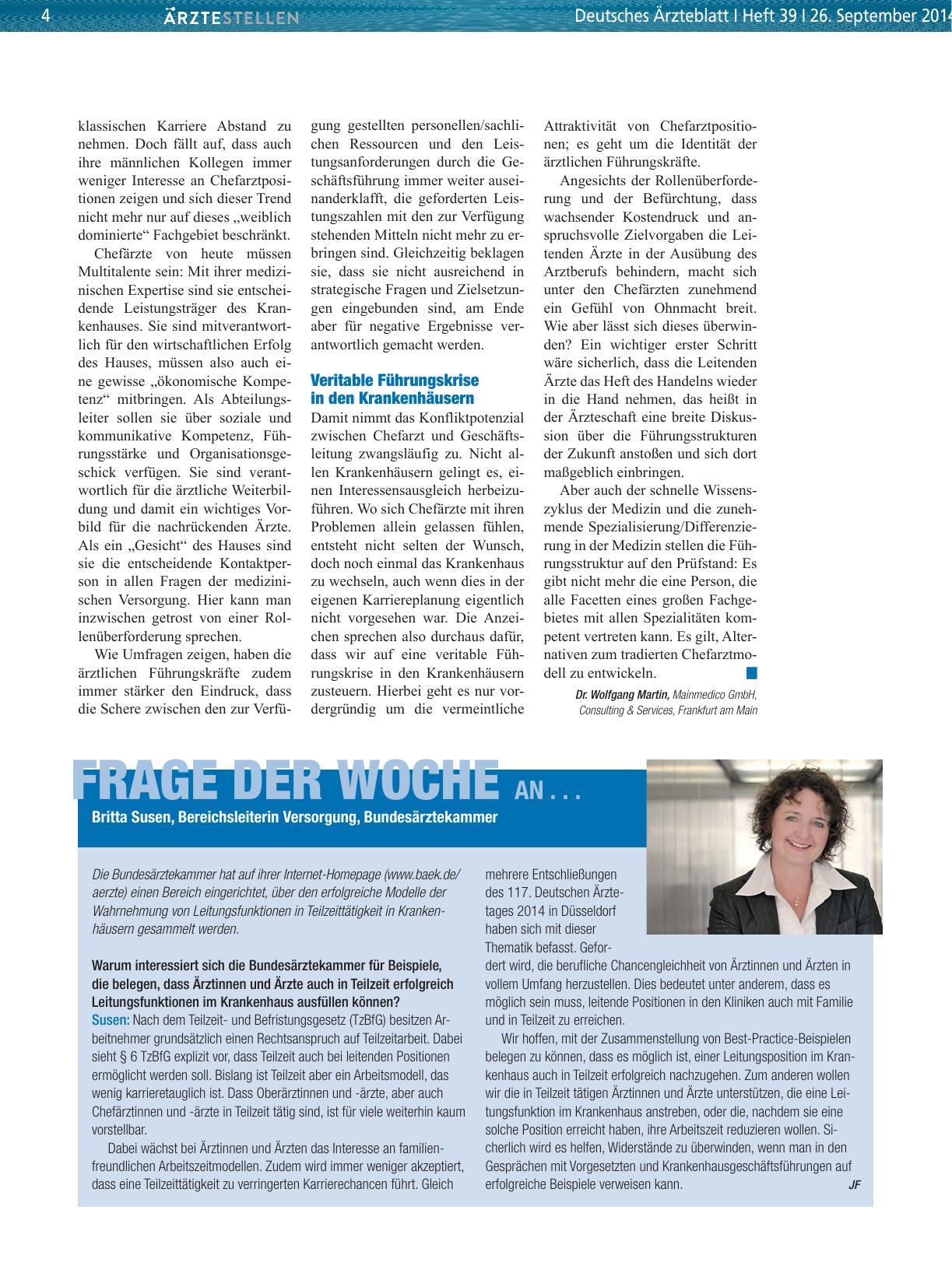 Vorschauseite 1: Frage der Woche an. .. Britta Susen, Bereichsleiterin Versorgung, Bundesärztekammer
