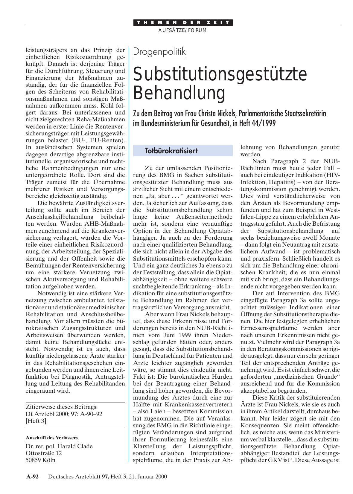 Vorschauseite 1: Drogenpolitik Substitutionsgestützte Behandlung: Totbürokratisiert