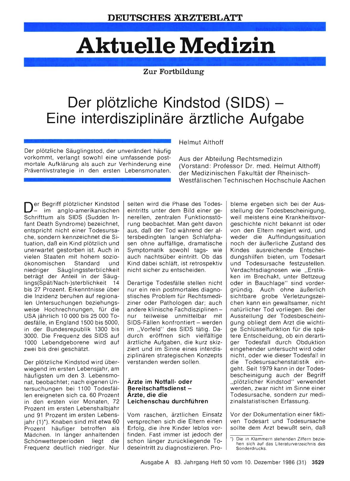 Vorschauseite 1: Der plötzliche Kindstod (SIDS) — Eine interdisziplinäre ärztliche Aufgabe