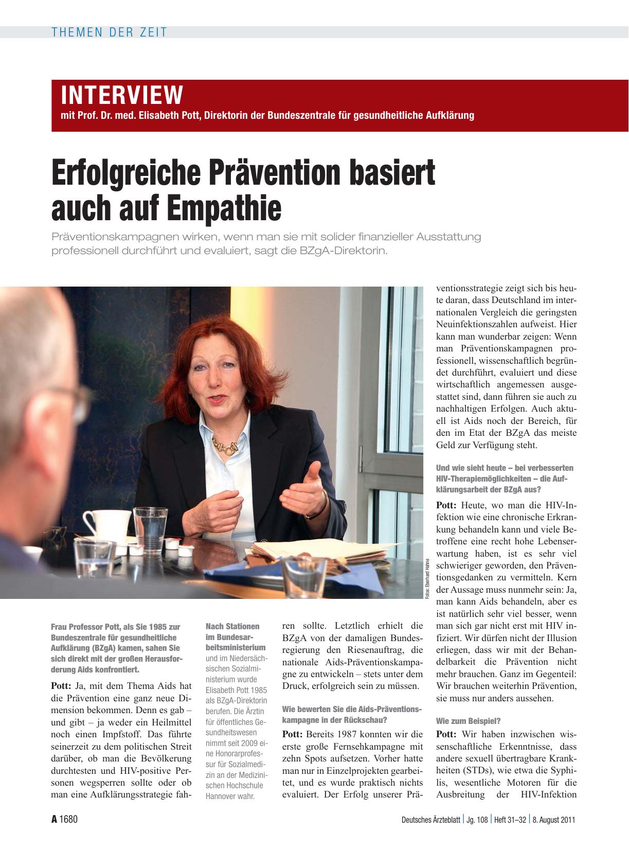 Vorschauseite 1: Interview mit Prof. Dr. med. Elisabeth Pott, Direktorin der Bundeszentrale für gesundheitliche Aufklärung: Erfolgreiche Prävention basiert auch auf Empathie