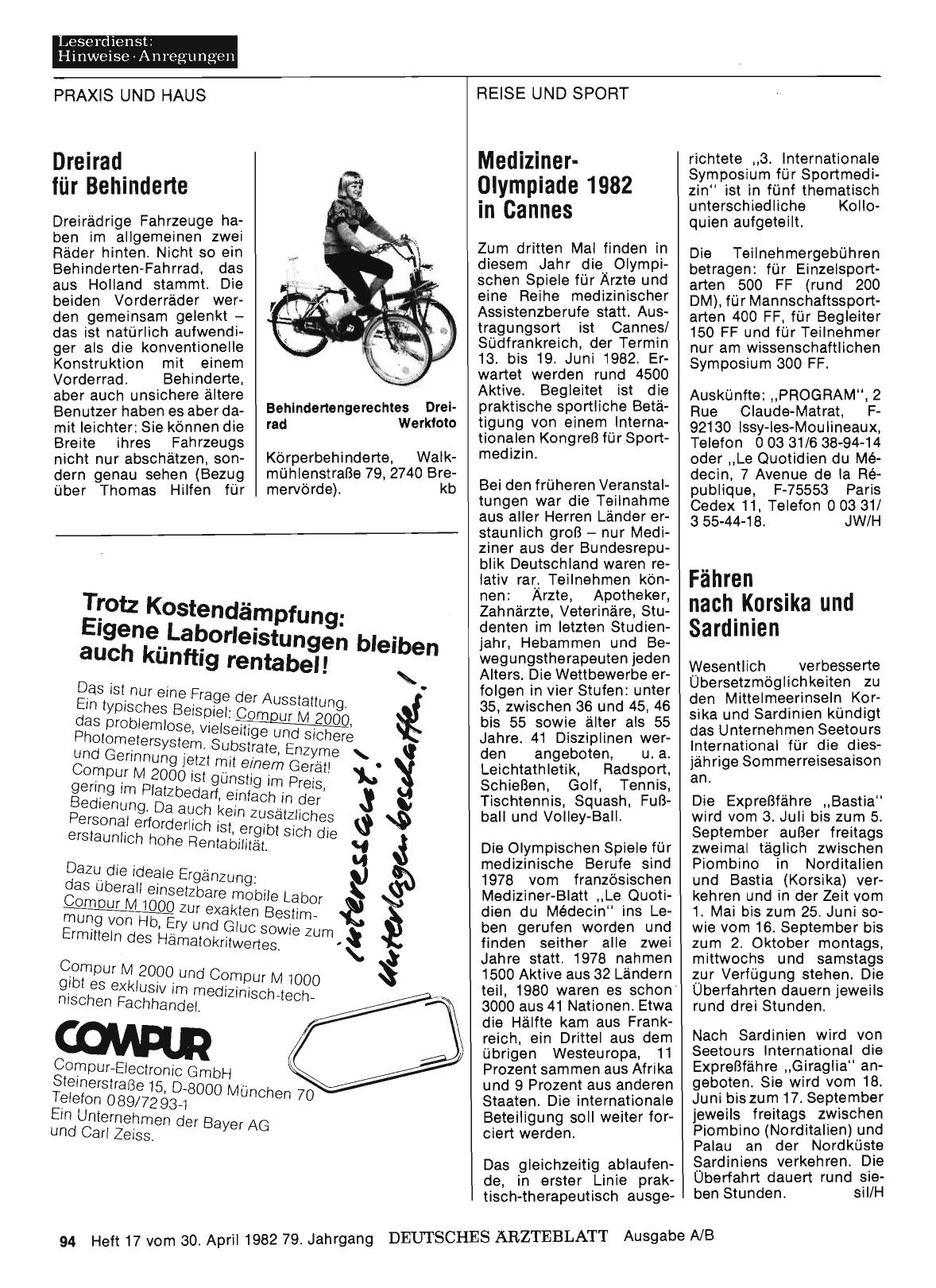 Vorschauseite 1: Mediziner-Olympiade 1982 in Cannes
