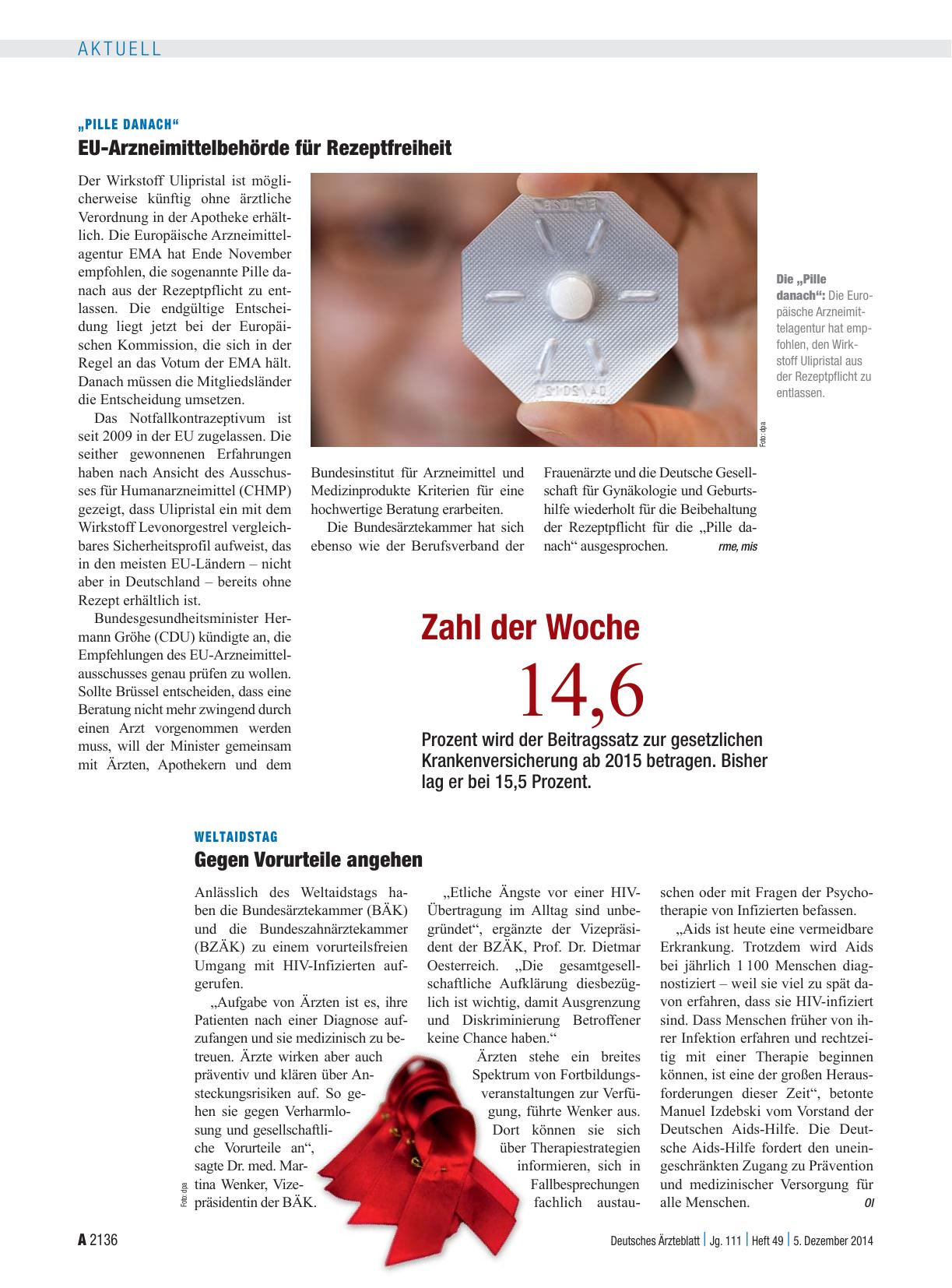 Vorschauseite 1: „Pille danach“: EU-Arzneimittelbehörde für Rezeptfreiheit