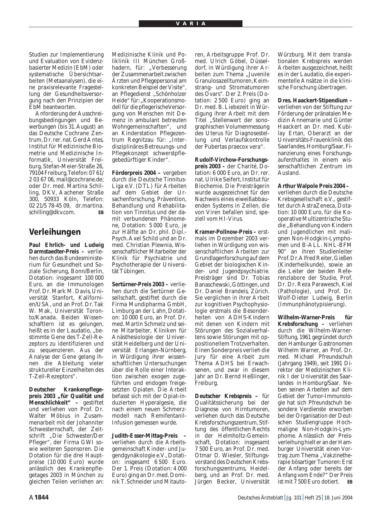 Vorschauseite 1: Verleihungen