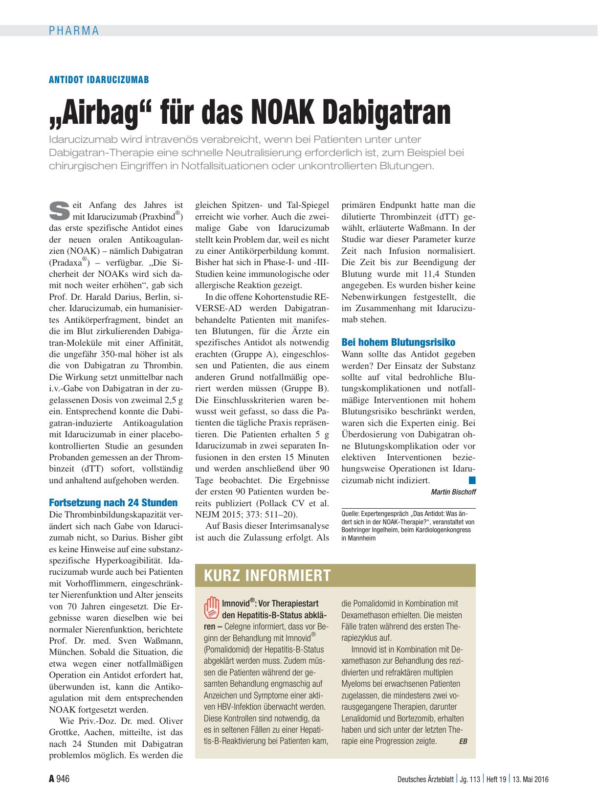 Vorschauseite 1: Antidot Idarucizumab: „Airbag“ für das NOAK Dabigatran