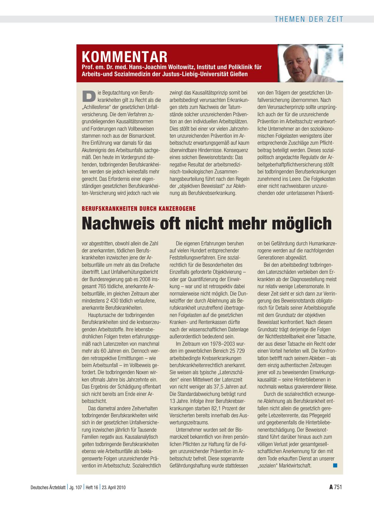 Vorschauseite 1: Berufskrankheiten durch Kanzerogene: Nachweis oft nicht mehr möglich