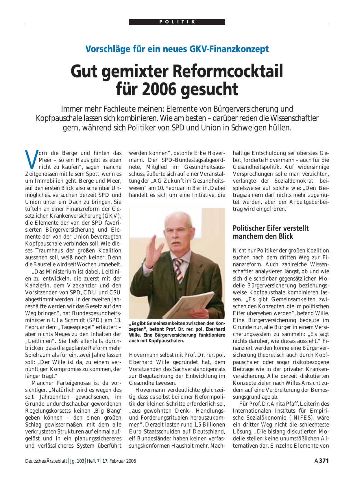 Vorschauseite 1: Vorschläge für ein neues GKV-Finanzkonzept: Gut gemixter Reformcocktail für 2006 gesucht