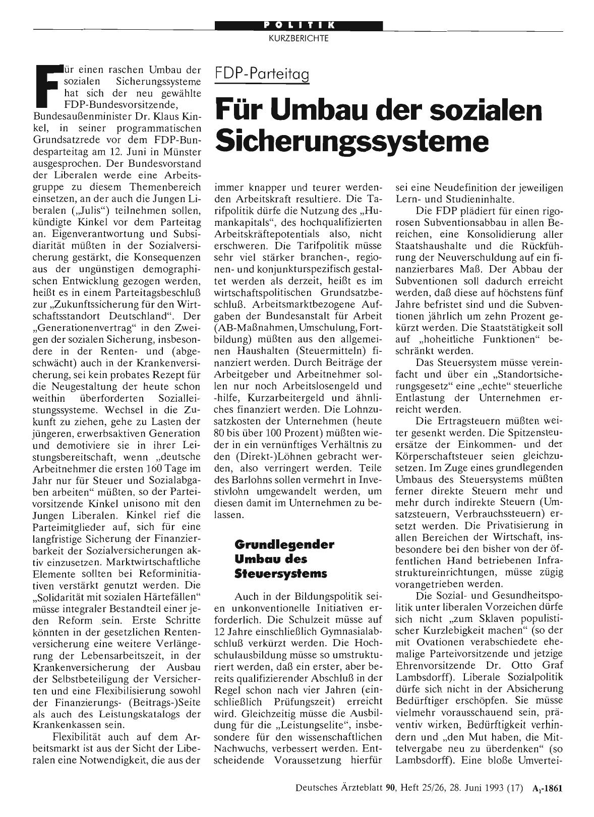 Vorschauseite 1: FDP-Parteitag: Für Umbau der sozialen Sicherungssysteme