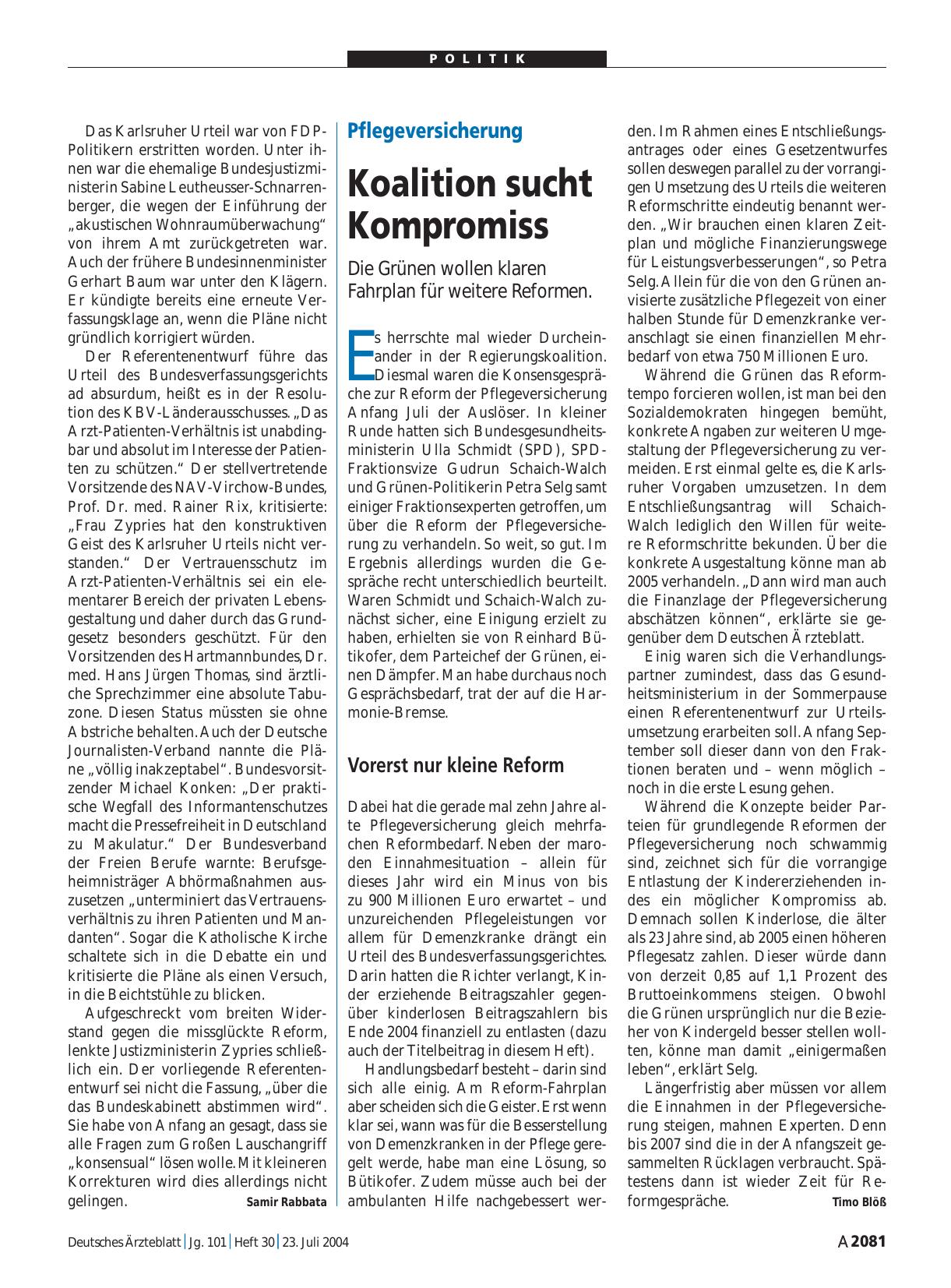 Vorschauseite 1: Pflegeversicherung: Koalition sucht Kompromiss
