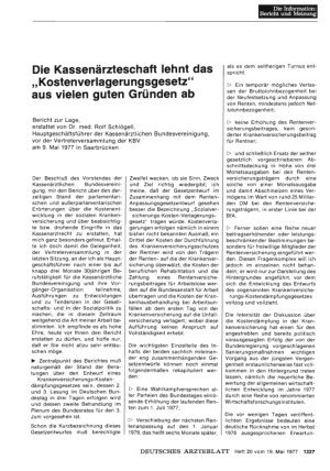 Vorschauseite 1: Die Kassenärzteschaft lehnt das „Kostenverlagerungsgesetz'' aus vielen guten Gründen ab: Bericht zur Lage, erstattet von Dr. med. Rolf Schlögell, Hauptgeschäftsführer der Kassenär…
