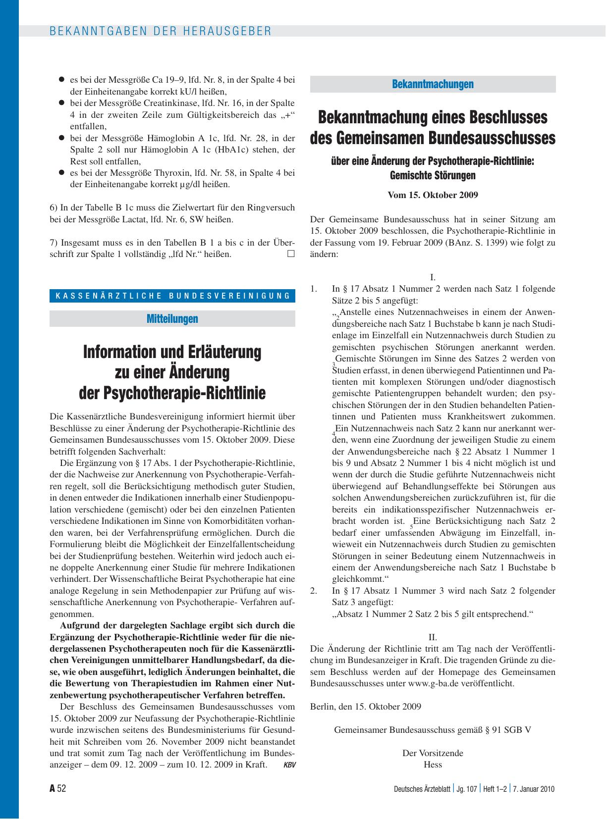 Vorschauseite 1: Bekanntmachung eines Beschlusses des Gemeinsamen Bundesausschusses über eine Änderung der Psychotherapie-Richtlinie: Gemischte Störungen