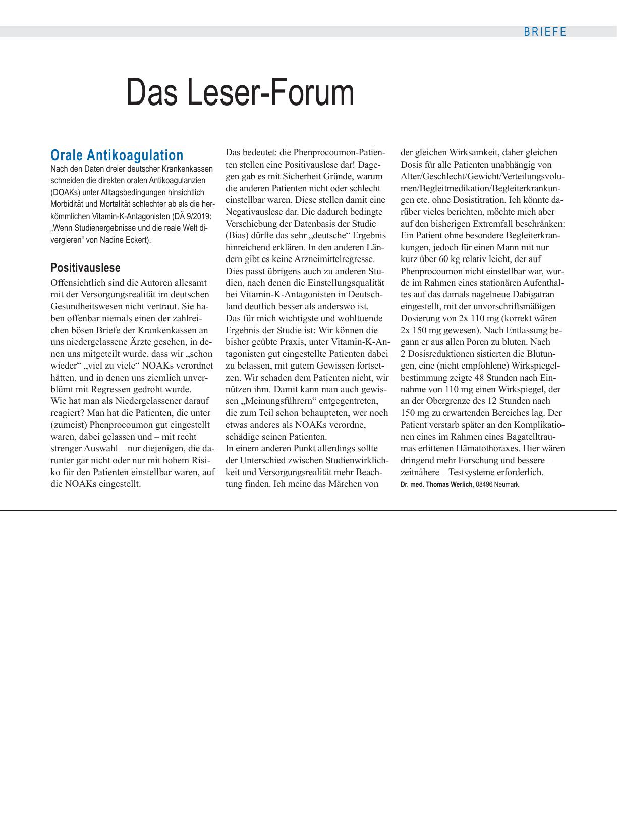 Vorschauseite 1: Orale Antikoagulation: Positivauslese