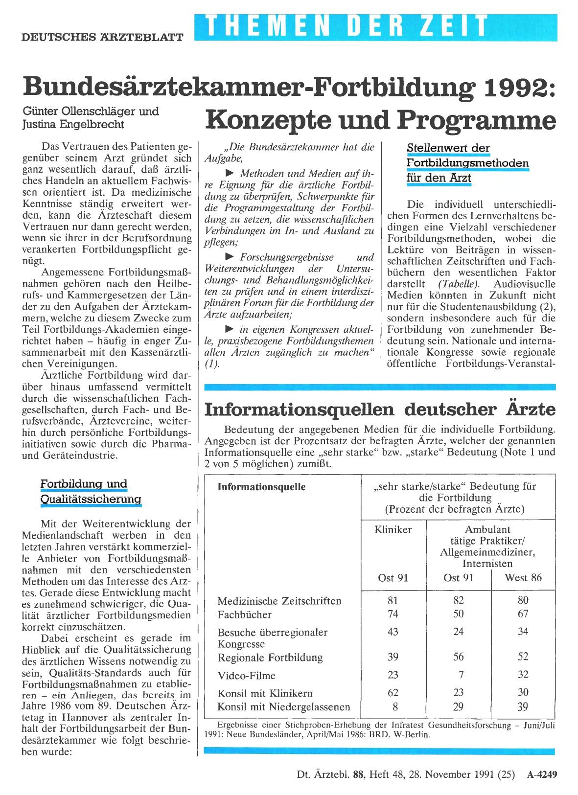 Vorschauseite 1: Bundesärztekantnter-Fortbildung 1992: Konzepte und Programme