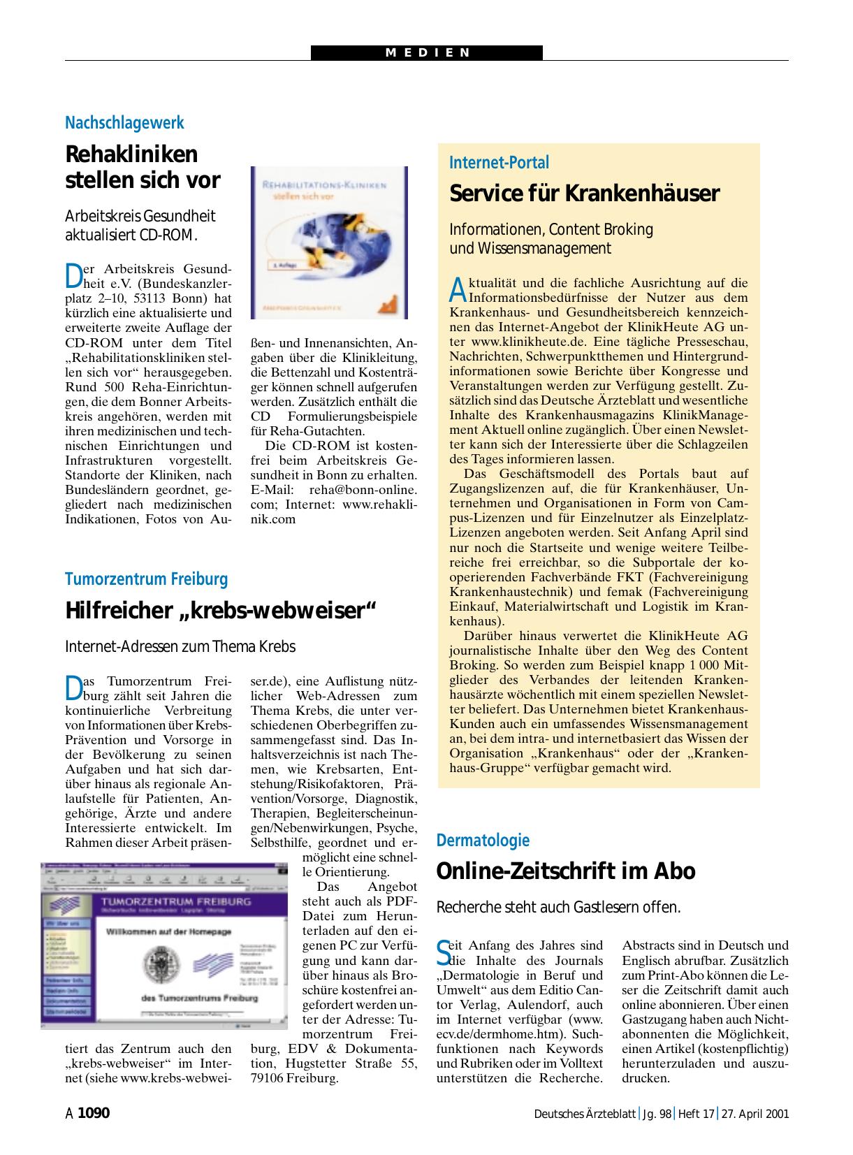 Vorschauseite 1: Nachschlagewerk: Rehakliniken stellen sich vor