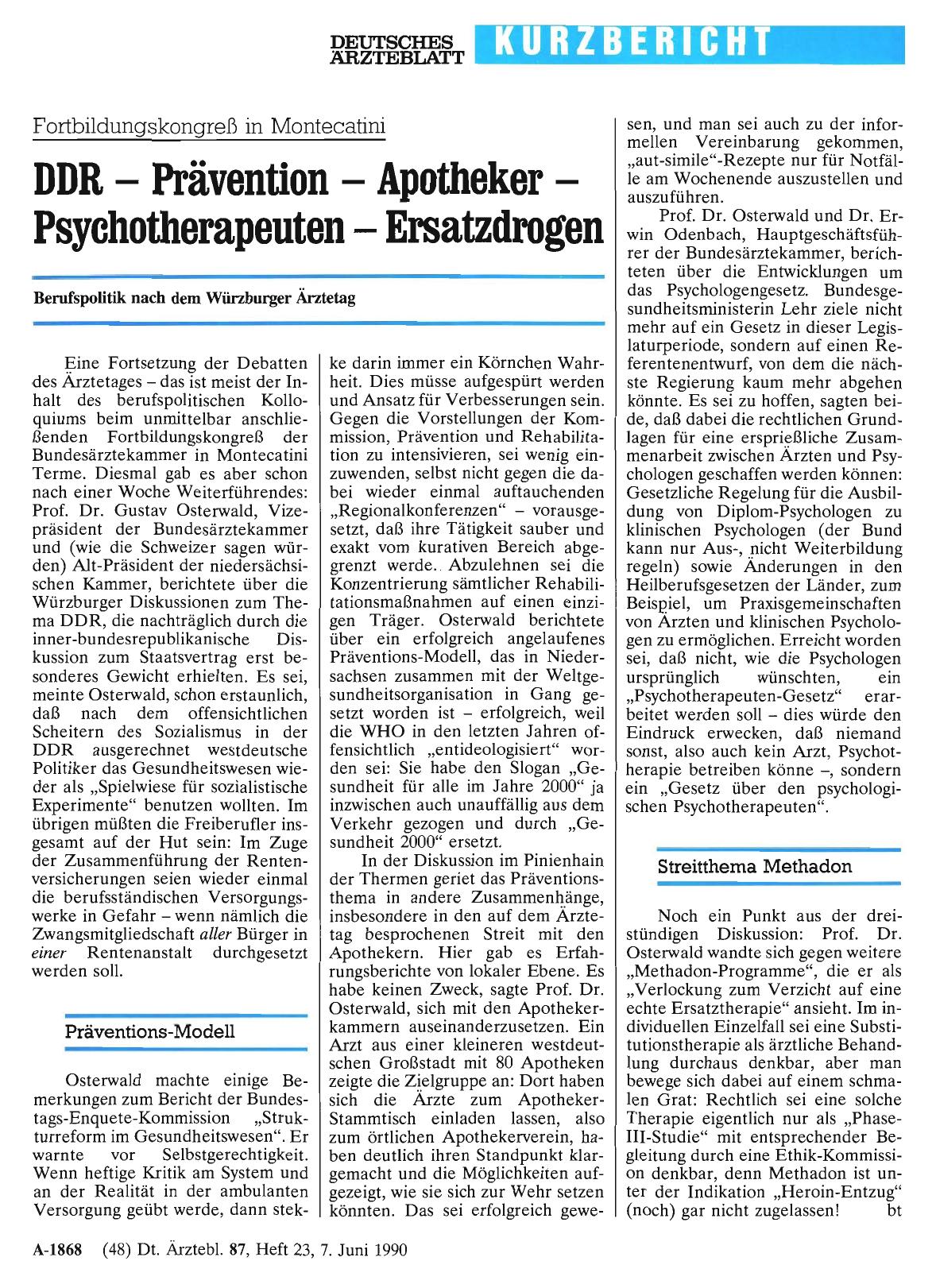 Vorschauseite 1: Fortbildungskongreß in Montecatini DDR – Prävention – Apotheker – Psychotherapeuten – Ersatzdrogen