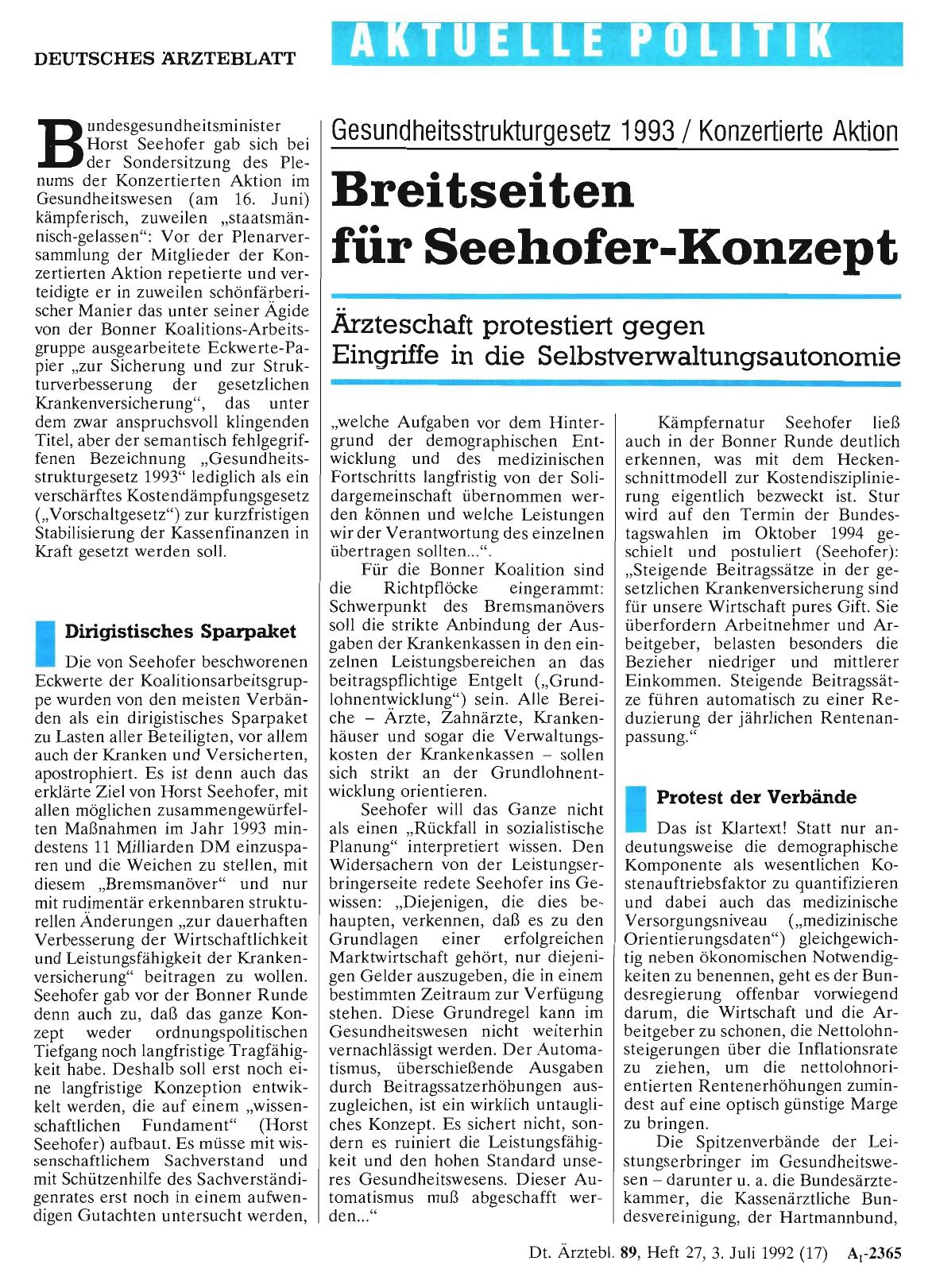 Vorschauseite 1: Gesundheitsstrukturgesetz 1993 / Konzertierte Aktion: Breitseiten für Seehofer-Konzept