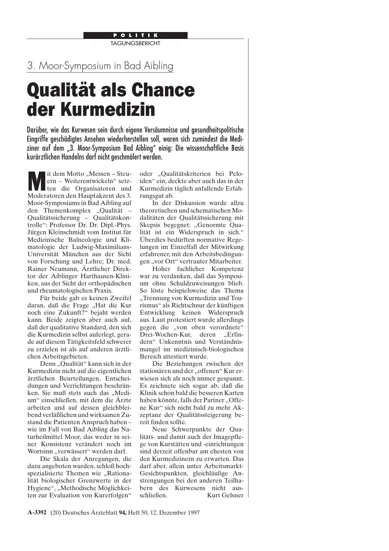 Vorschauseite 1: 3. Moor-Symposium in Bad Aibling: Qualität als Chance der Kurmedizin