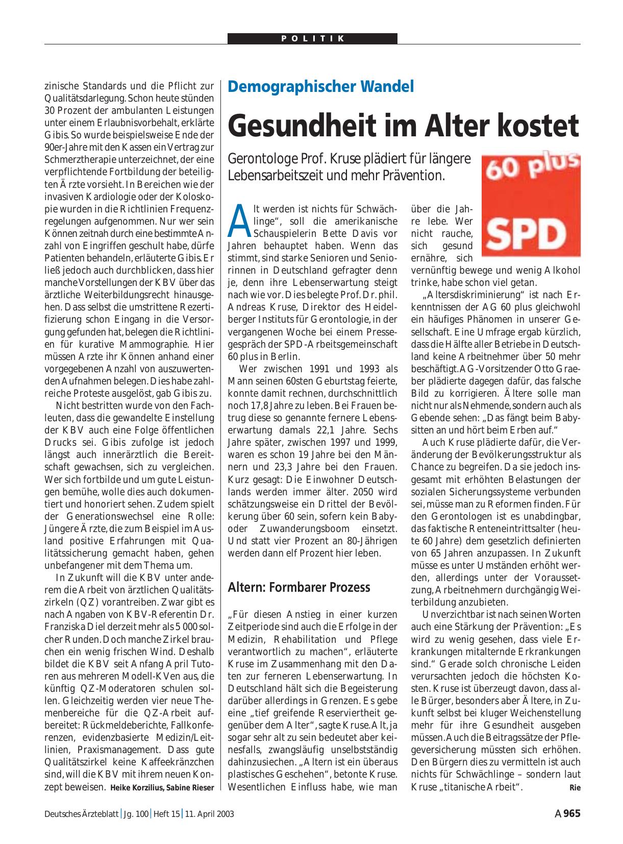 Vorschauseite 1: Demographischer Wandel: Gesundheit im Alter kostet