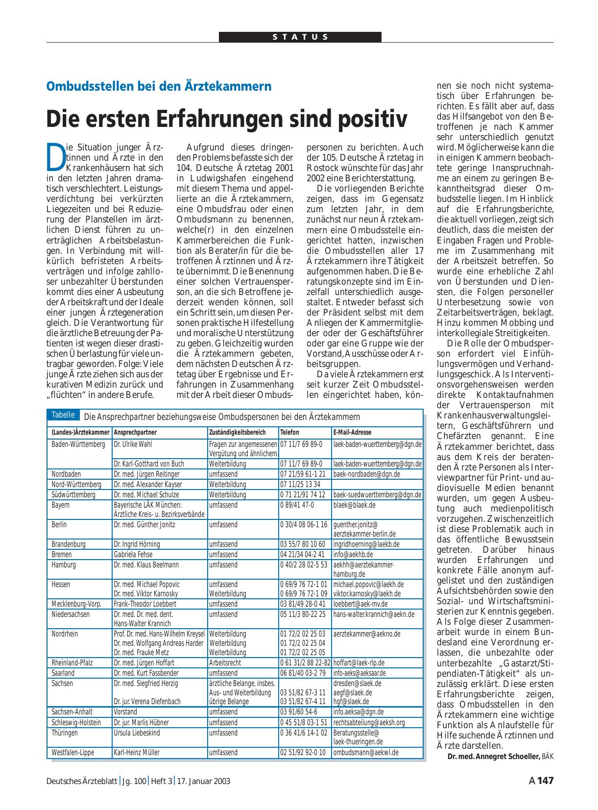 Vorschauseite 1: Ombudsstellen bei den Ärztekammern: Die ersten Erfahrungen sind positiv