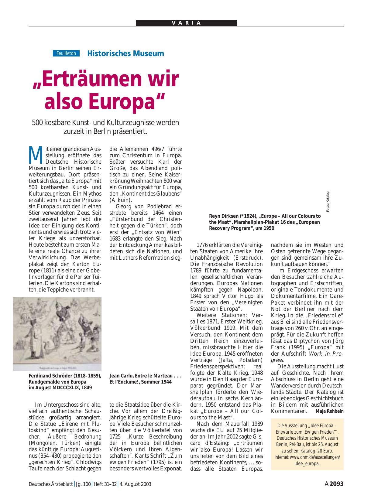 Vorschauseite 1: Historisches Museum: „Erträumen wir also Europa“
