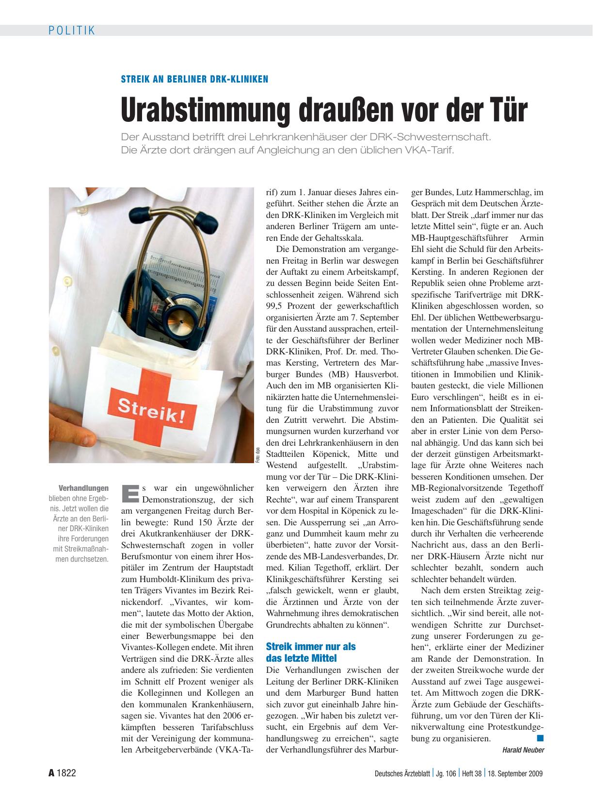 Vorschauseite 1: Streik an Berliner DRK-Kliniken: Urabstimmung draußen vor der Tür