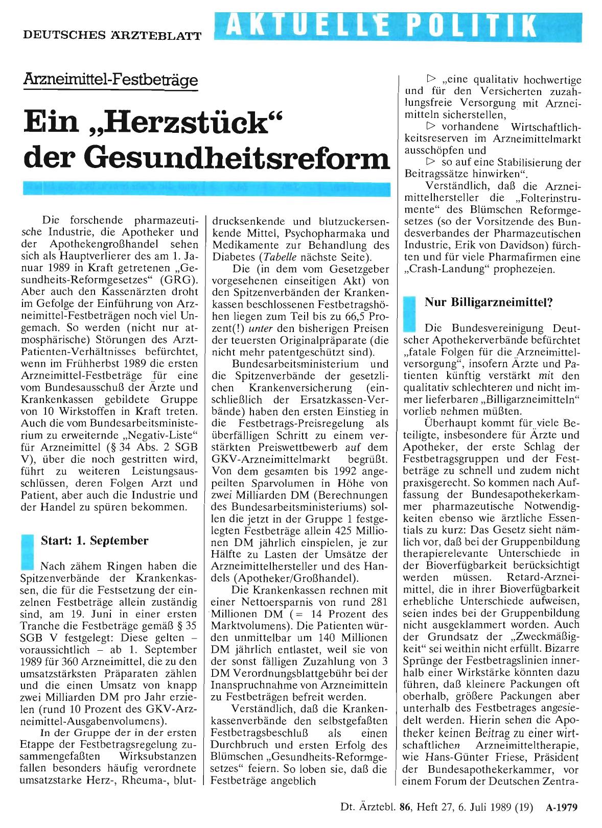 Vorschauseite 1: Arzneimittel-Festbeträge Ein „Herzstück“ der Gesundheitsreform