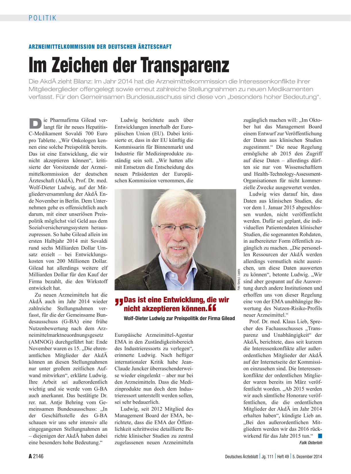 Vorschauseite 1: Arzneimittelkommission der deutschen Ärzteschaft: Im Zeichen der Transparenz