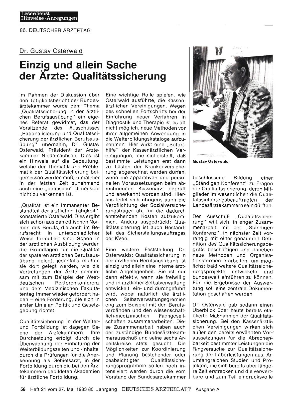 Vorschauseite 1: Dr. Gustav Osterwald: Einzig und allein Sache der Ärzte: Qualitätssicherung