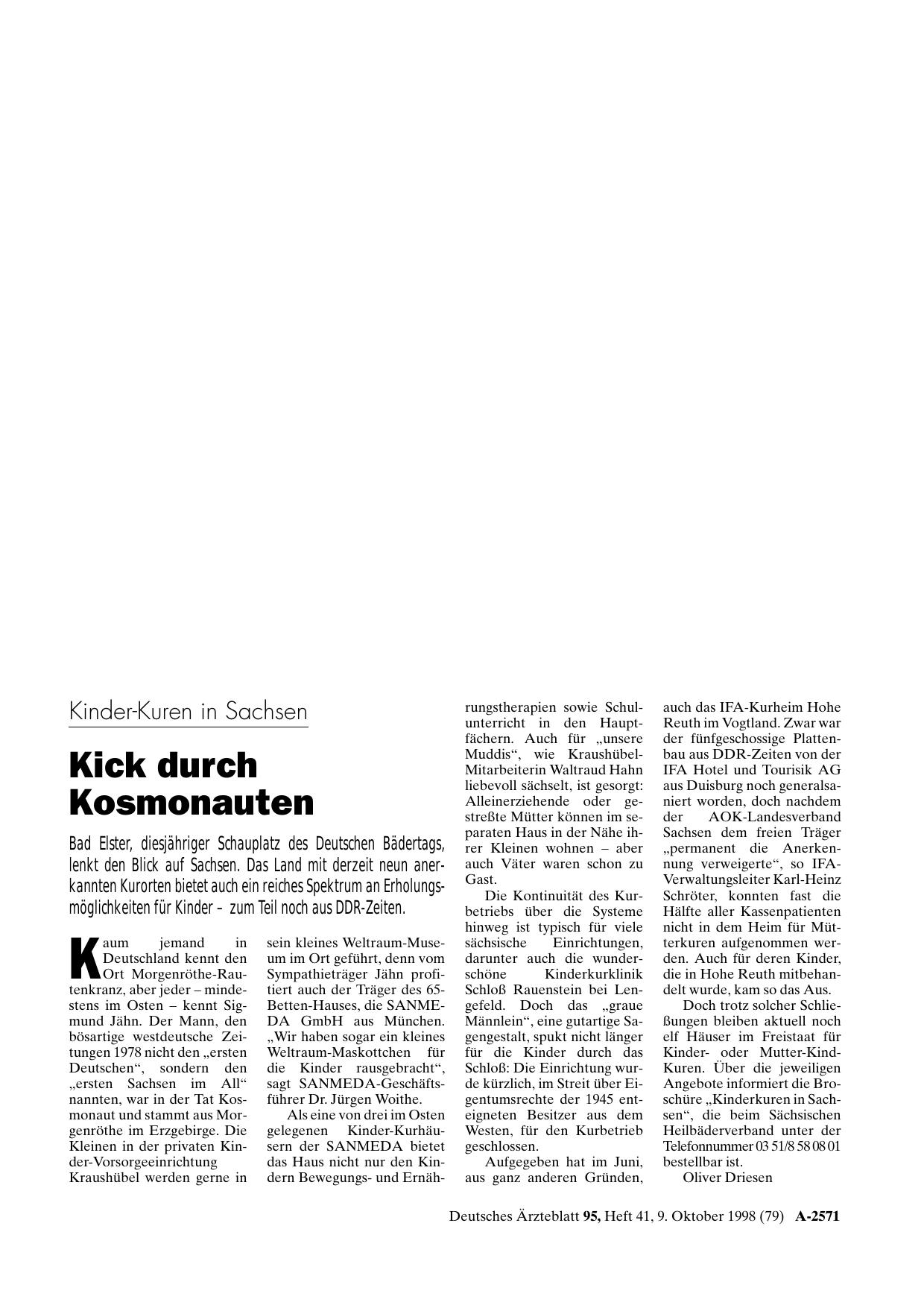 Vorschauseite 1: Kinder-Kuren in Sachsen: Kick durch Kosmonauten