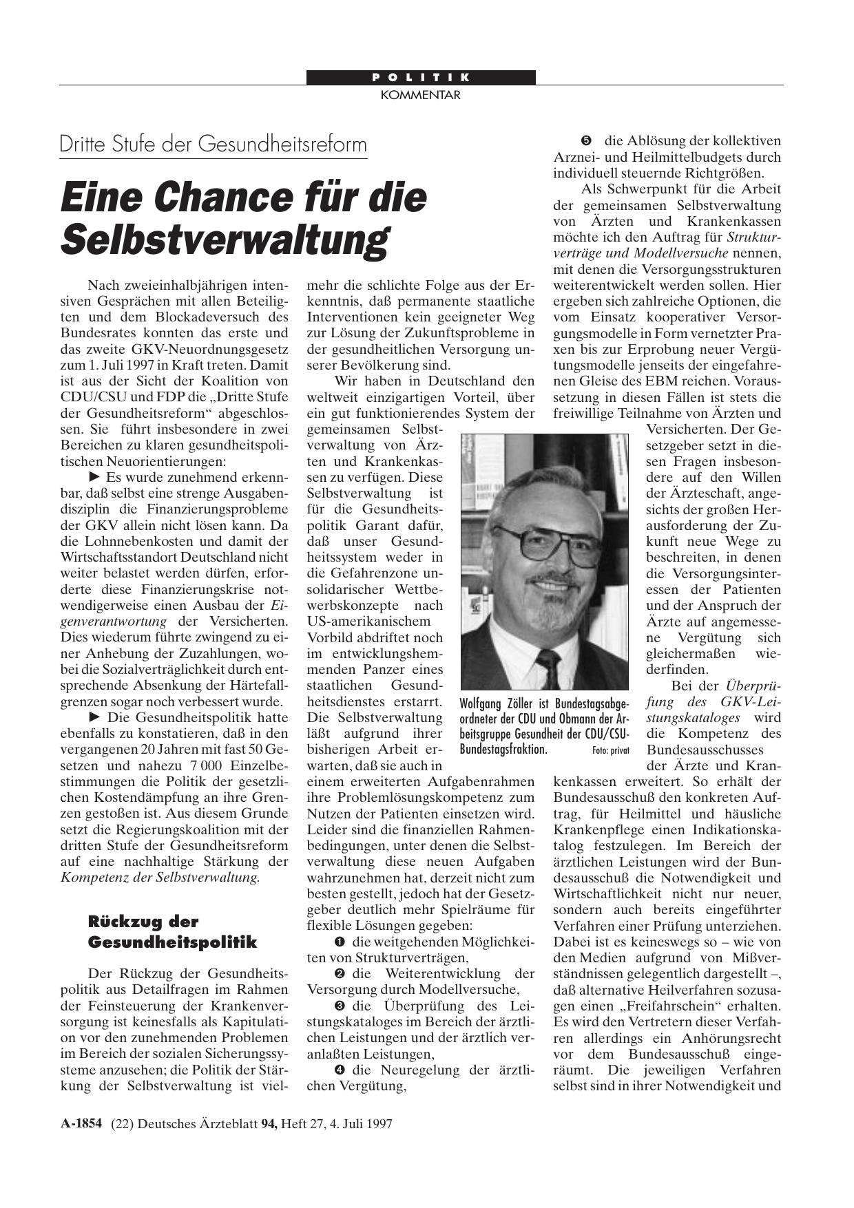 Vorschauseite 1: Dritte Stufe der Gesundheitsreform: Eine Chance für die Selbstverwaltung