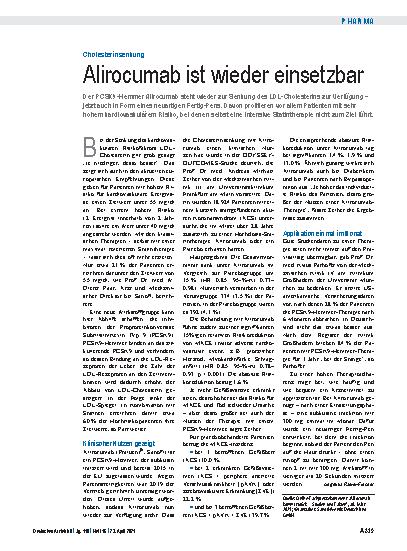 Vorschauseite 1: Cholesterinsenkung: Alirocumab ist wieder einsetzbar