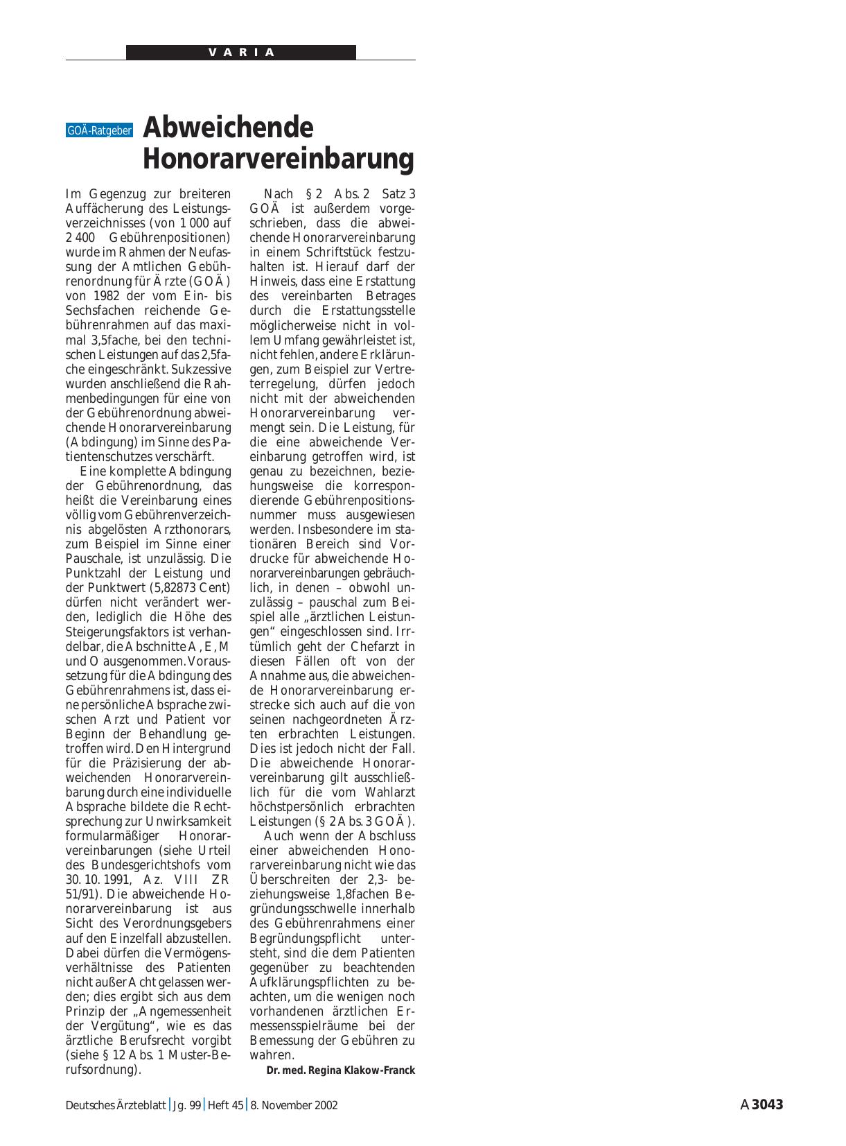 Vorschauseite 1: Abweichende Honorarvereinbarung