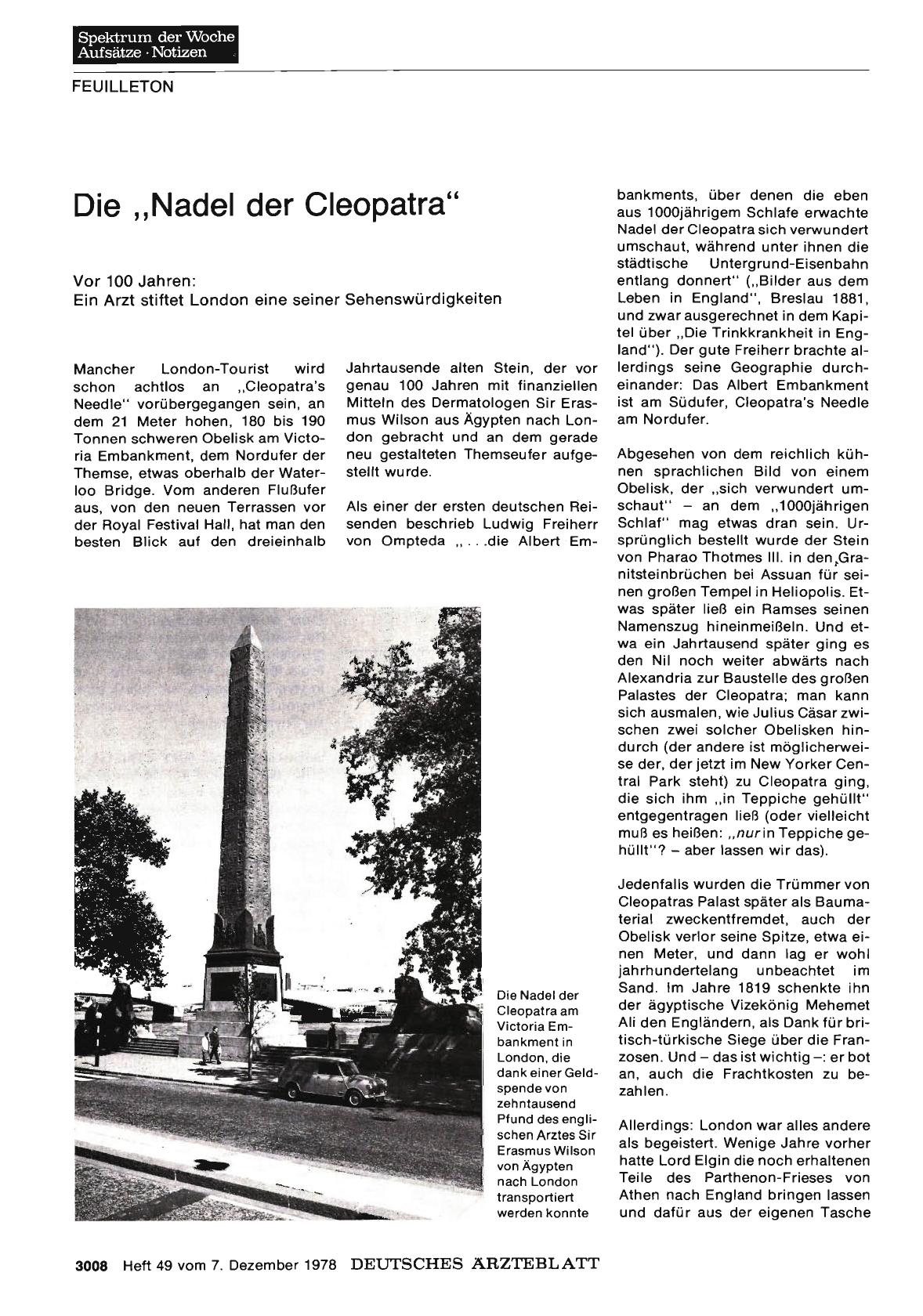 Vorschauseite 1: Die „Nadel der Cleopatra“ - Vor 100 Jahren: Ein Arzt stiftet London eine seiner Sehenswürdigkeiten