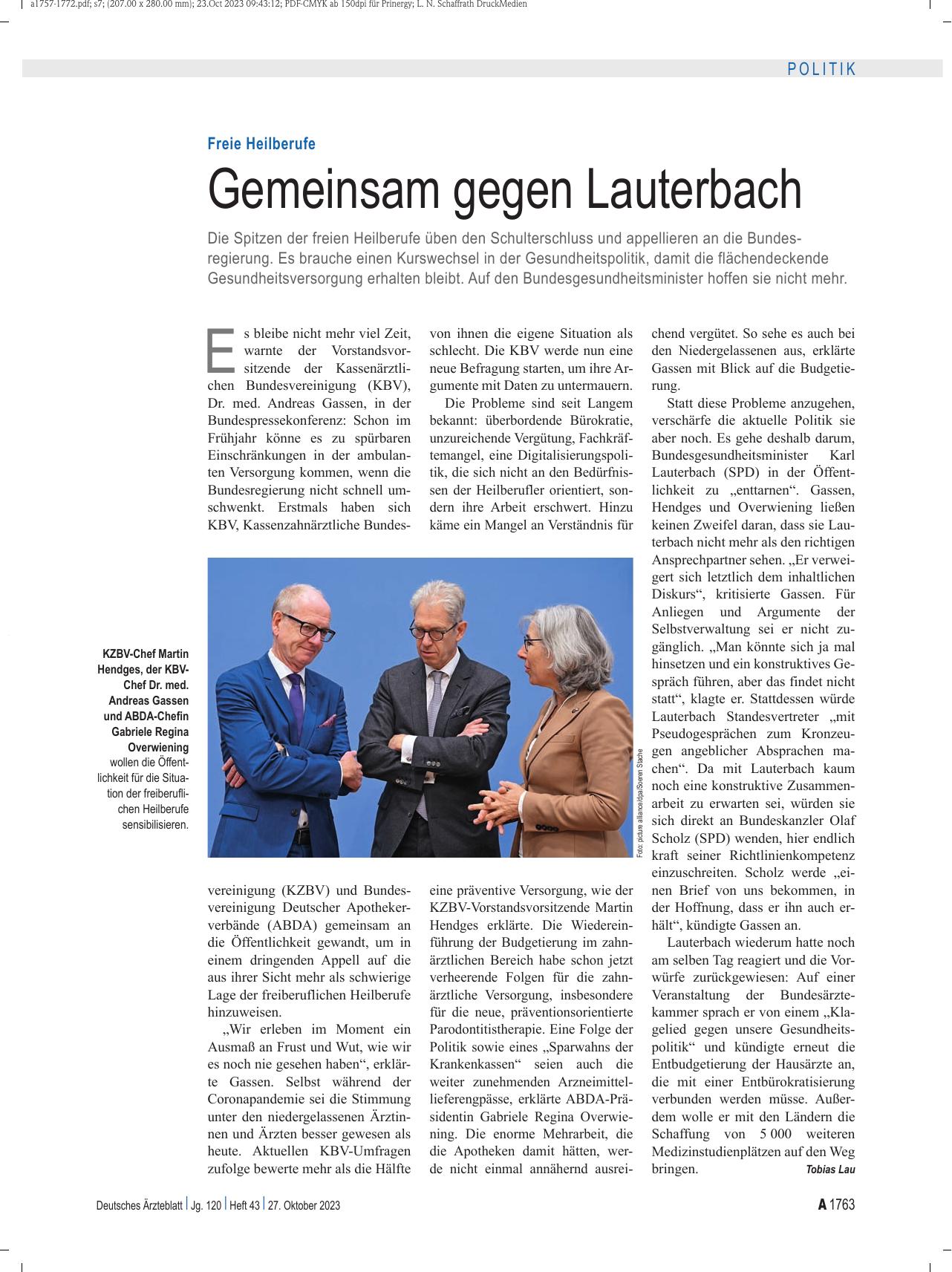 Vorschauseite 1: Freie Heilberufe: Gemeinsam gegen Lauterbach