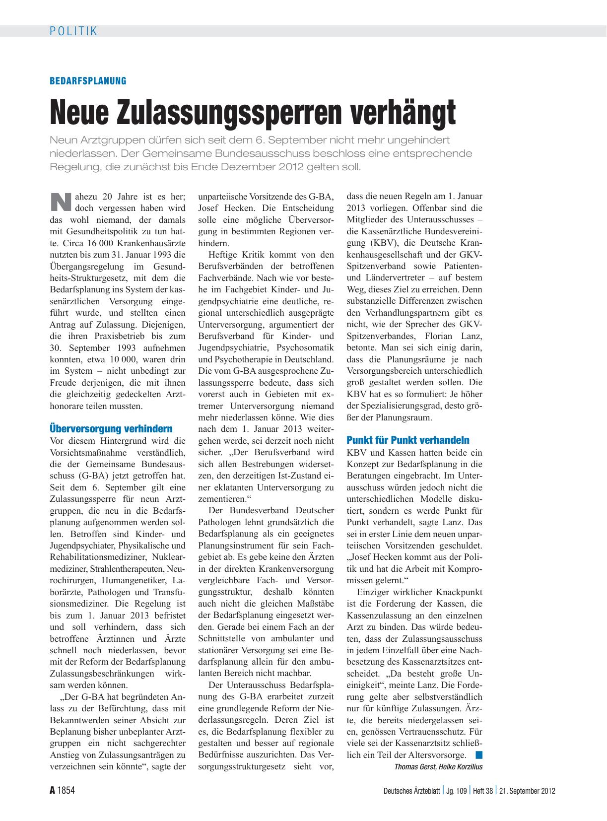 Vorschauseite 1: Bedarfsplanung: Neue Zulassungssperren verhängt