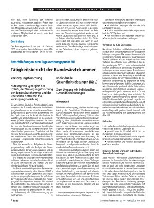 Vorschauseite 1: Entschließungen zum Tagesordnungspunkt VII: Tätigkeitsbericht der Bundesärztekammer