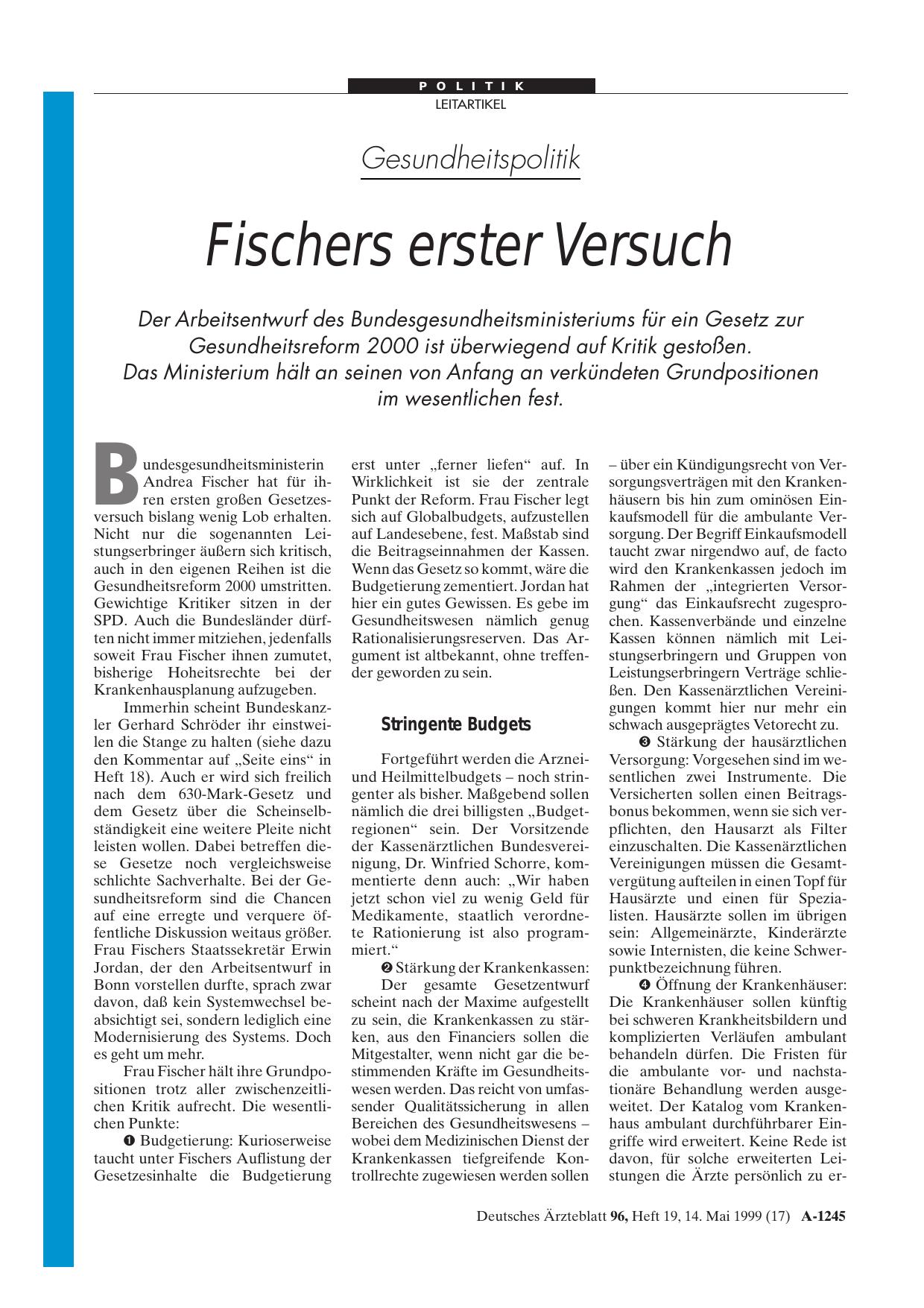 Vorschauseite 1: Gesundheitspolitik: Fischers erster Versuch
