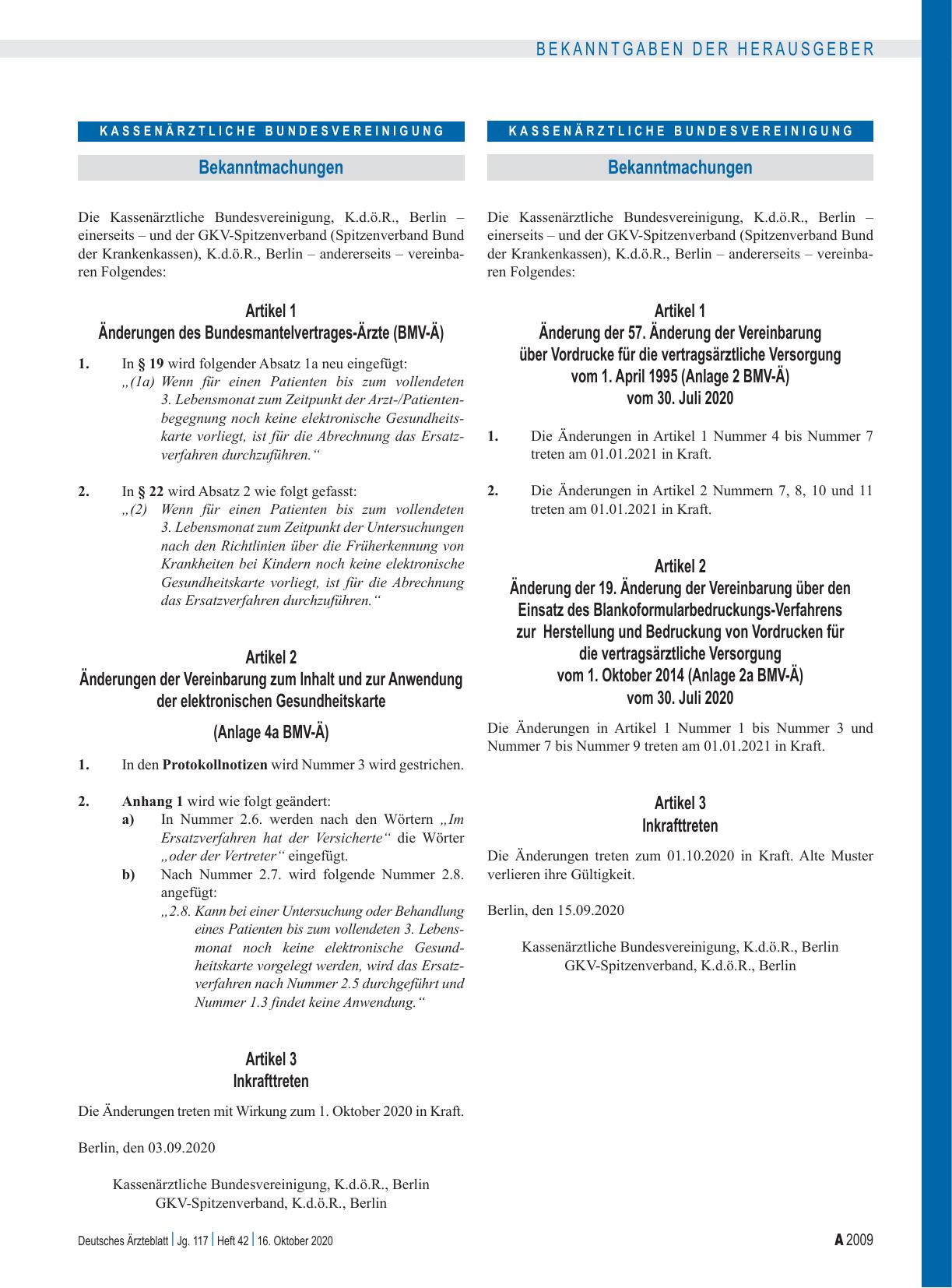 Vorschauseite 1: Änderungen des Bundesmantelvertrages-Ärzte (BMV-Ä), Änderungen der Vereinbarung zum Inhalt und zur Anwendung der elektronischen Gesundheitskarte (Anlage 4a BMV-Ä)