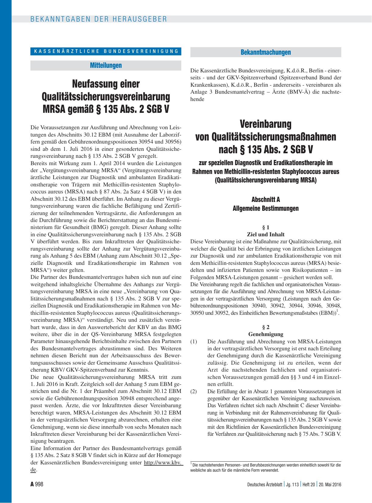 Vorschauseite 1: Neufassung einer Qualitätssicherungsvereinbarung MRSA gemäß § 135 Abs. 2 SGB V