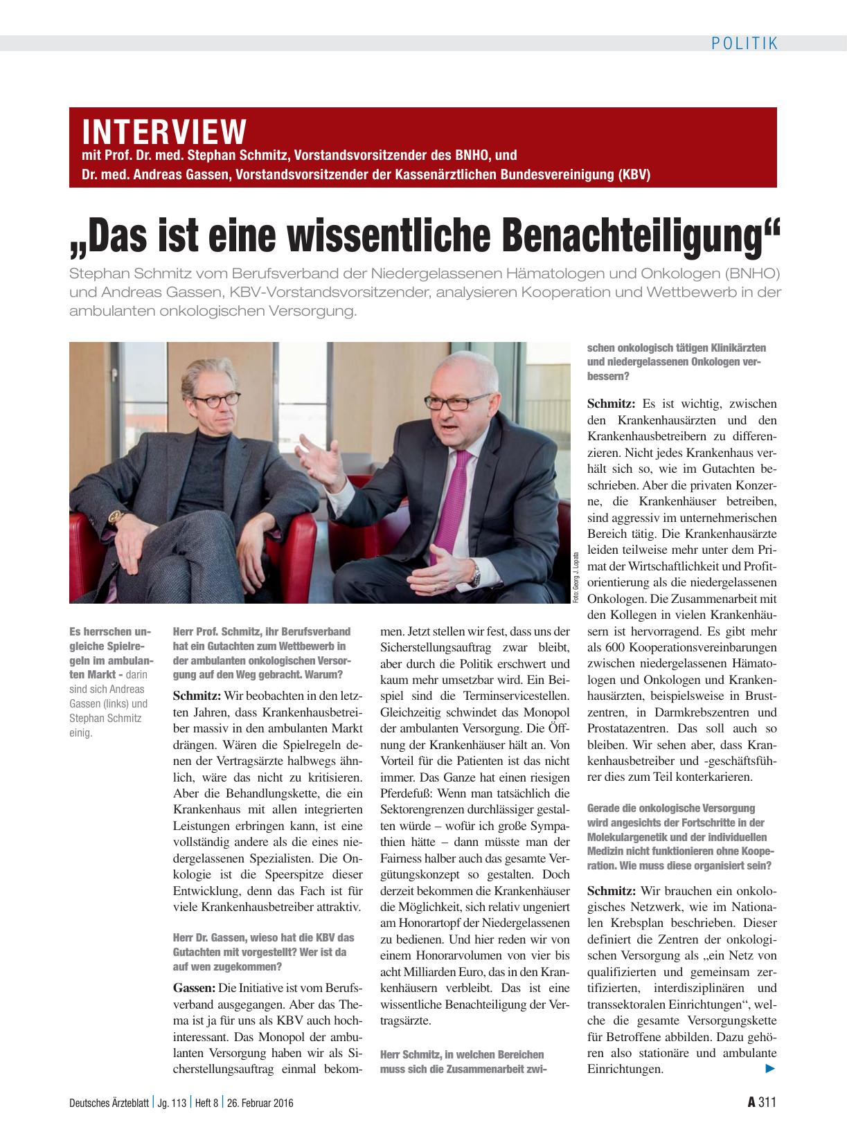 Vorschauseite 1: Das Interview mit Prof. Dr. med. Stephan Schmitz, Vorstandsvorsitzender des BNHO, und Dr. med. Andreas Gassen, Vorstandsvorsitzender der Kassenärztlichen Bundesvereinigung (KBV):…
