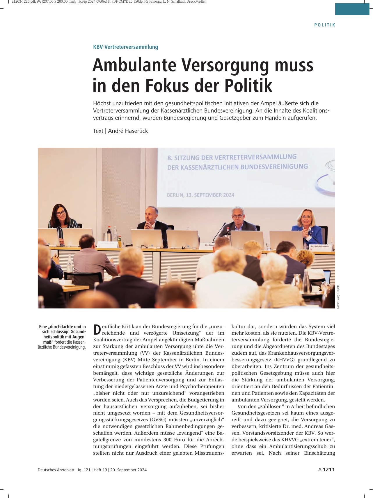 Vorschauseite 1: KBV-Vertreterversammlung: Ambulante Versorgung muss in den Fokus der Politik