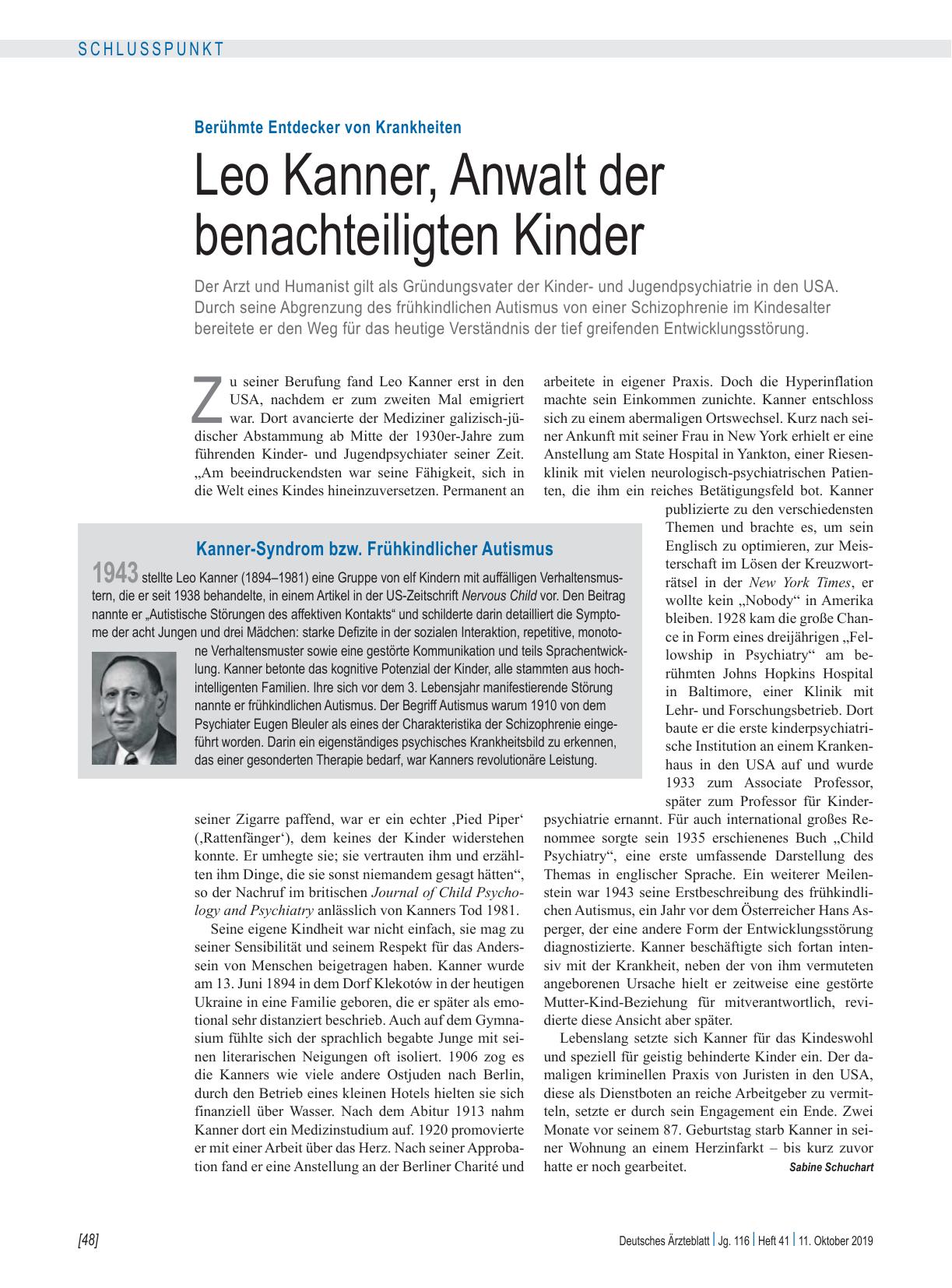 Vorschauseite 1: Berühmte Entdecker von Krankheiten: Leo Kanner, Anwalt der benachteiligten Kinder