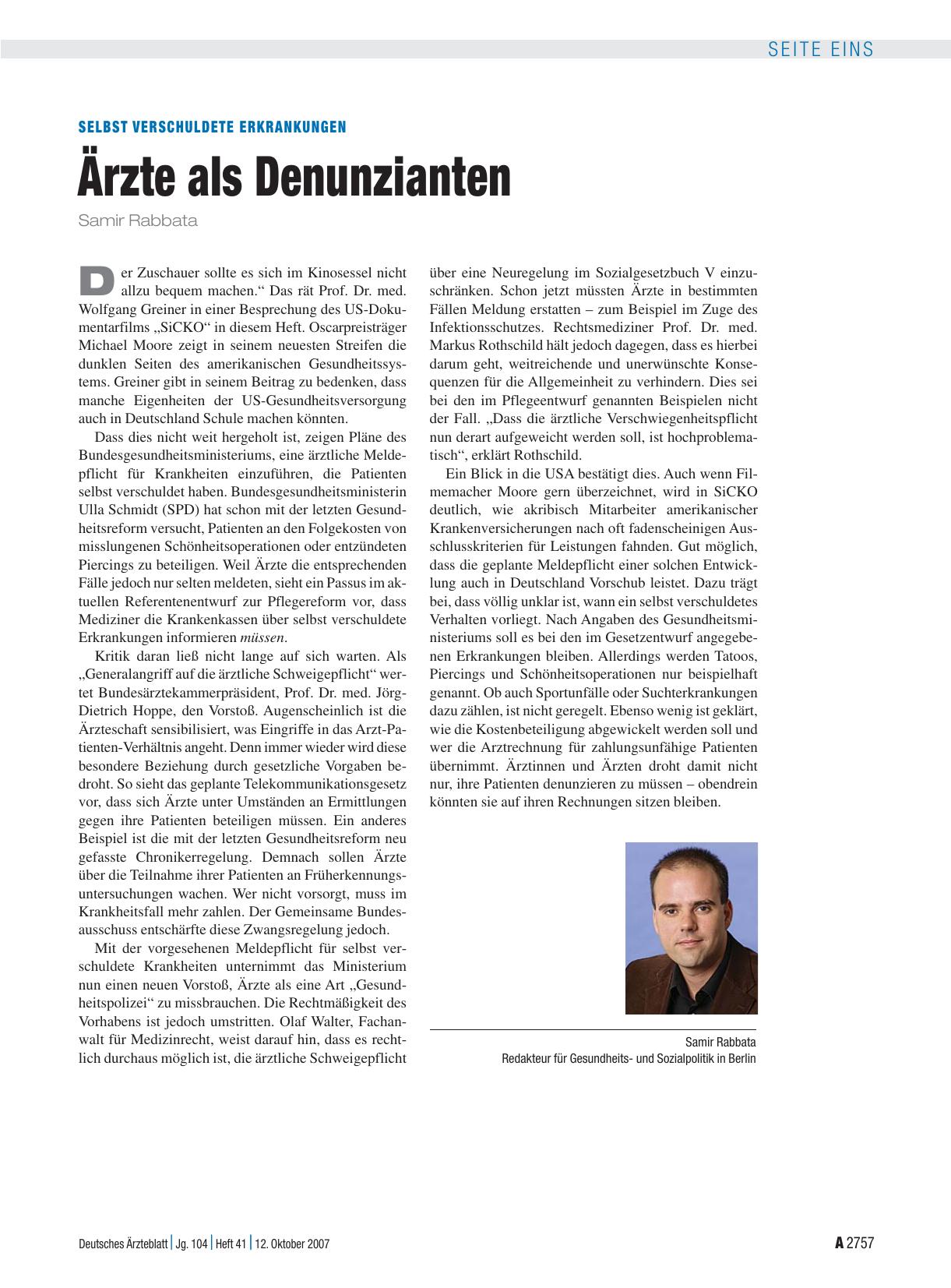 Vorschauseite 1: Selbst verschuldete Erkrankungen: Ärzte als Denunzianten
