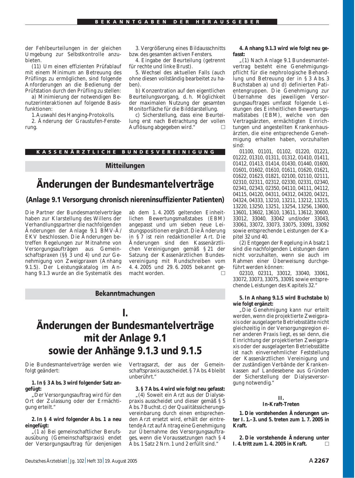 Vorschauseite 1: Bekanntmachungen: I. Änderungen der Bundesmantelverträge mit der Anlage 9. 1 sowie der Anhänge 9. 1. 3 und 9. 1. 5