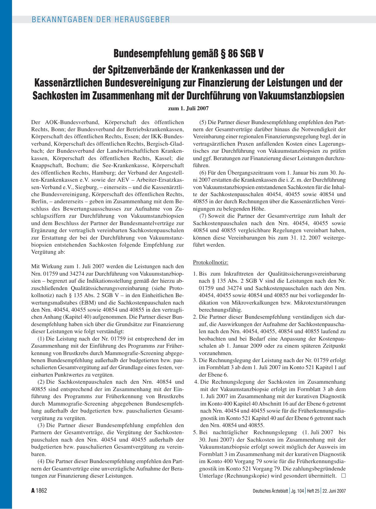 Vorschauseite 1: Bundesempfehlung gemäß § 86 SGB V der Spitzenverbände der Krankenkassen und der Kassenärztlichen Bundesvereinigung zur Finanzierung der Leistungen und der Sachkosten im Zusammenha…