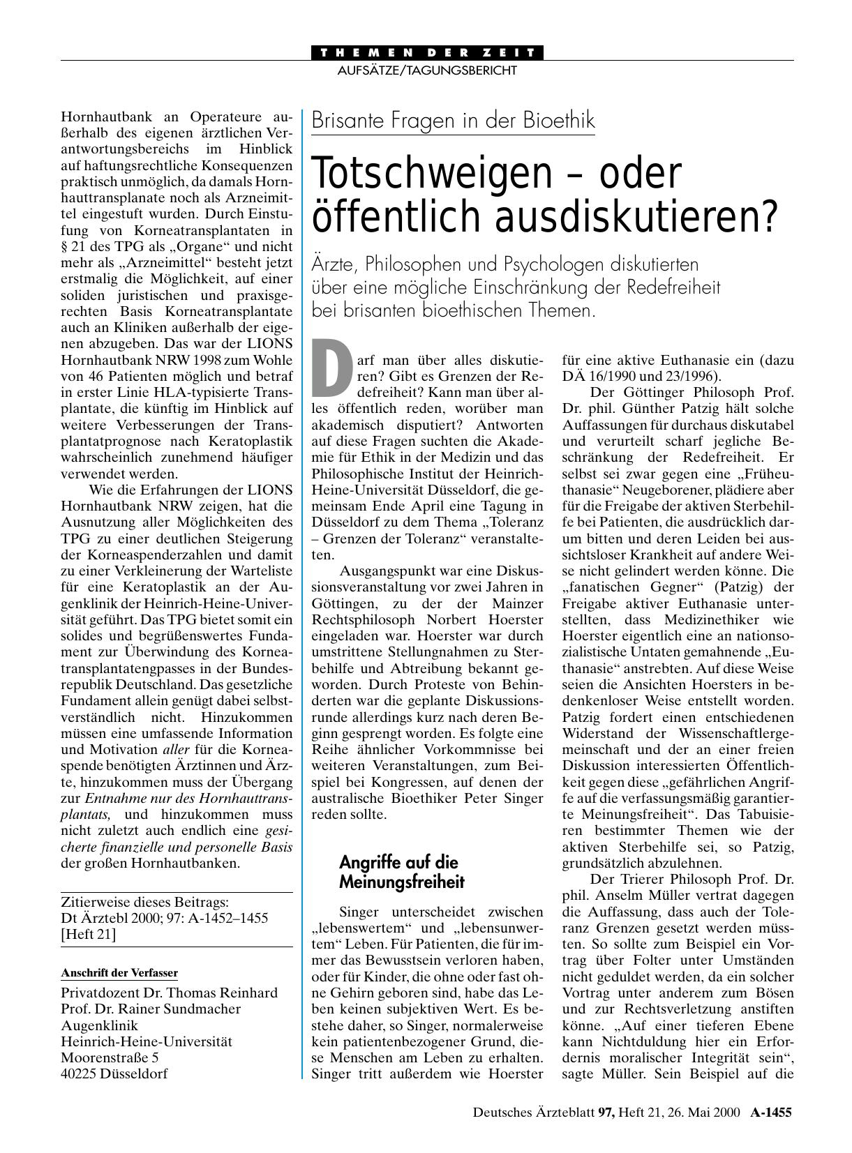 Vorschauseite 1: Brisante Fragen in der Bioethik: Totschweigen – oder öffentlich ausdiskutieren?