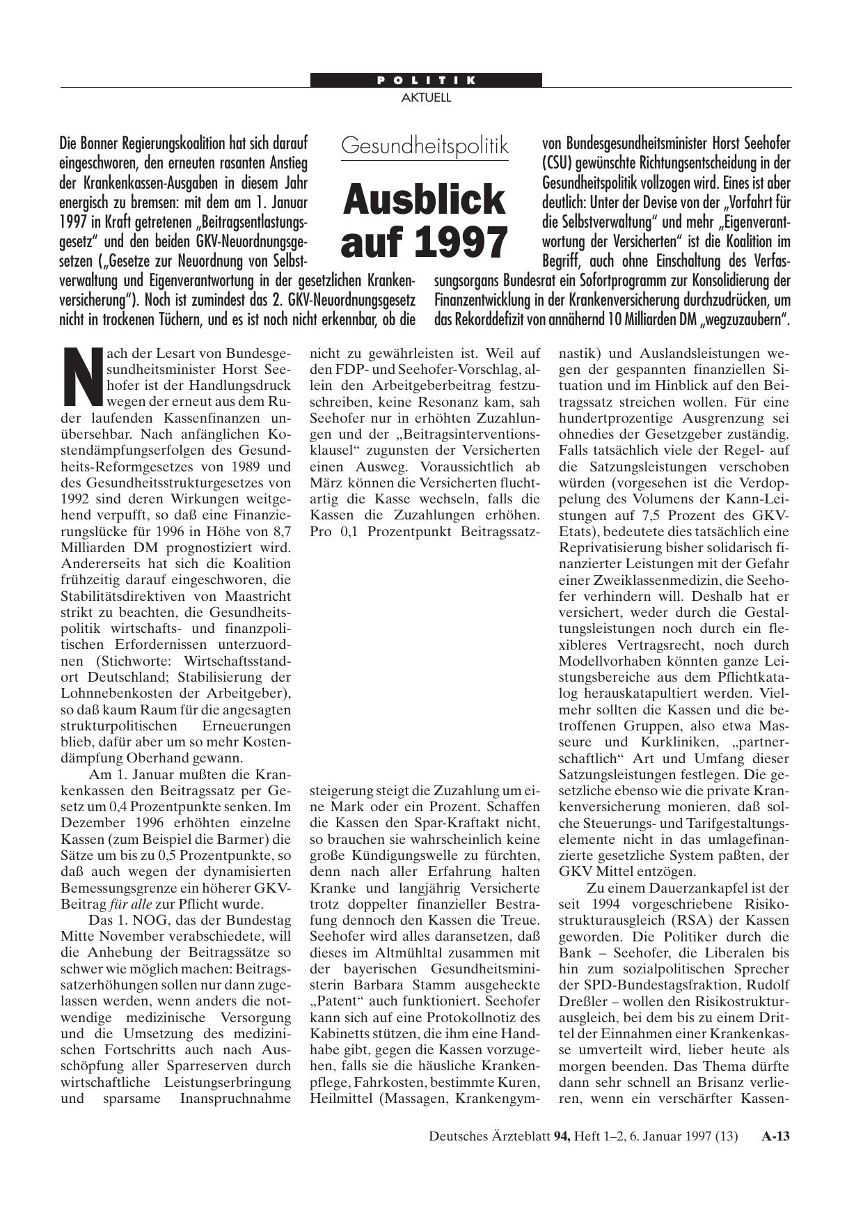 Vorschauseite 1: Gesundheitspolitik: Ausblick auf 1997