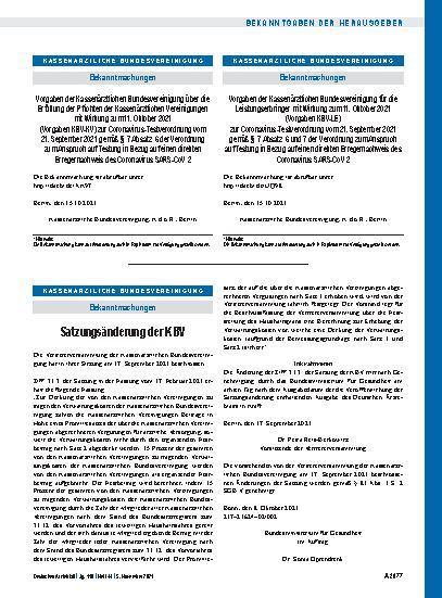 Vorschauseite 1: Vorgaben der Kassenärztlichen Bundesvereinigung über die Erfüllung der Pflichten der Kassenärztlichen Vereinigungen mit Wirkung zum 11. Oktober 2021 (Vorgaben KBV-KV) zur Coronavi…